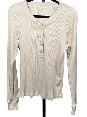 Y2K Aerie Cream Ribbed Henley Long Sleeve Top